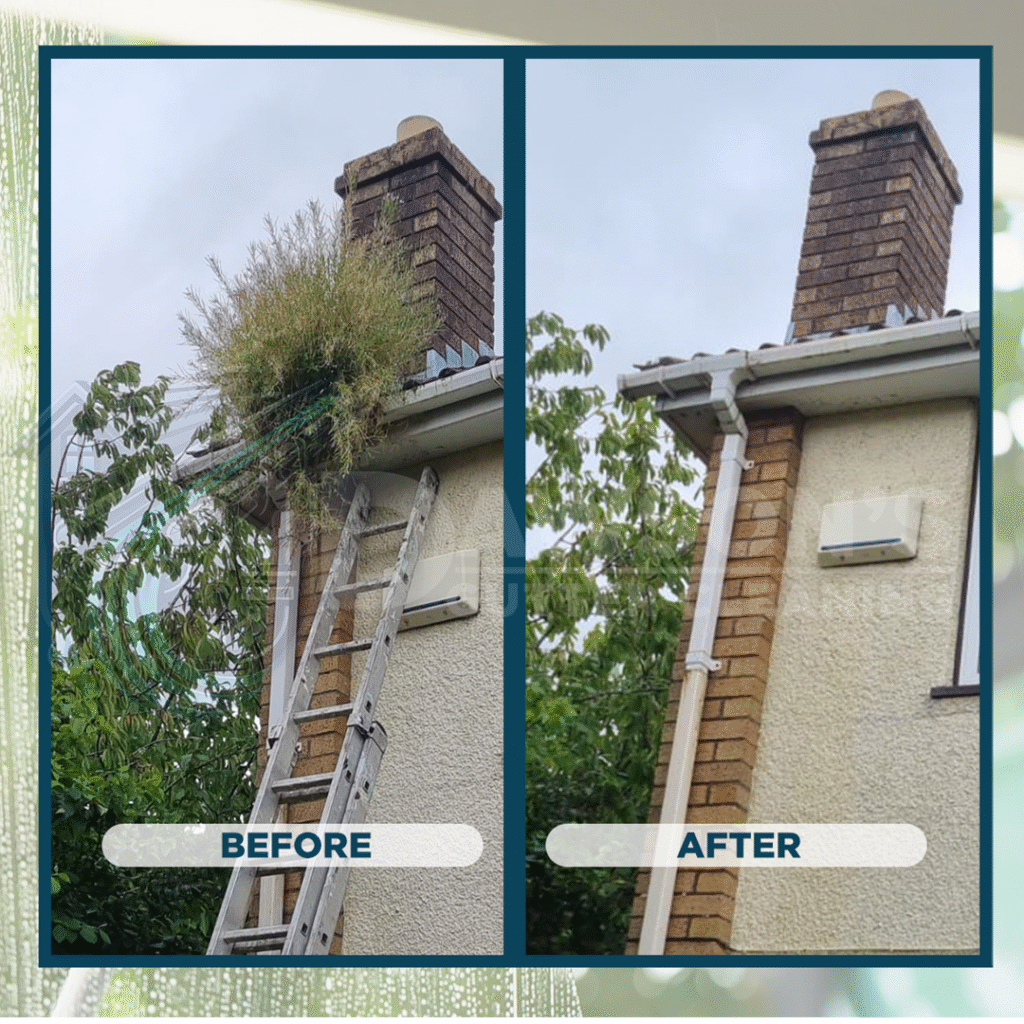 An ad of Dawson's Gutter Cleaning showcasing before and aftergutter clearing