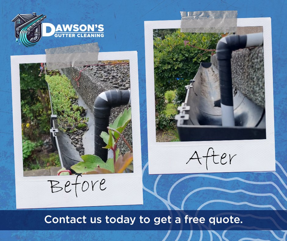 An ad of Dawson's Gutter Cleaning showcasing before and aftergutter clearing