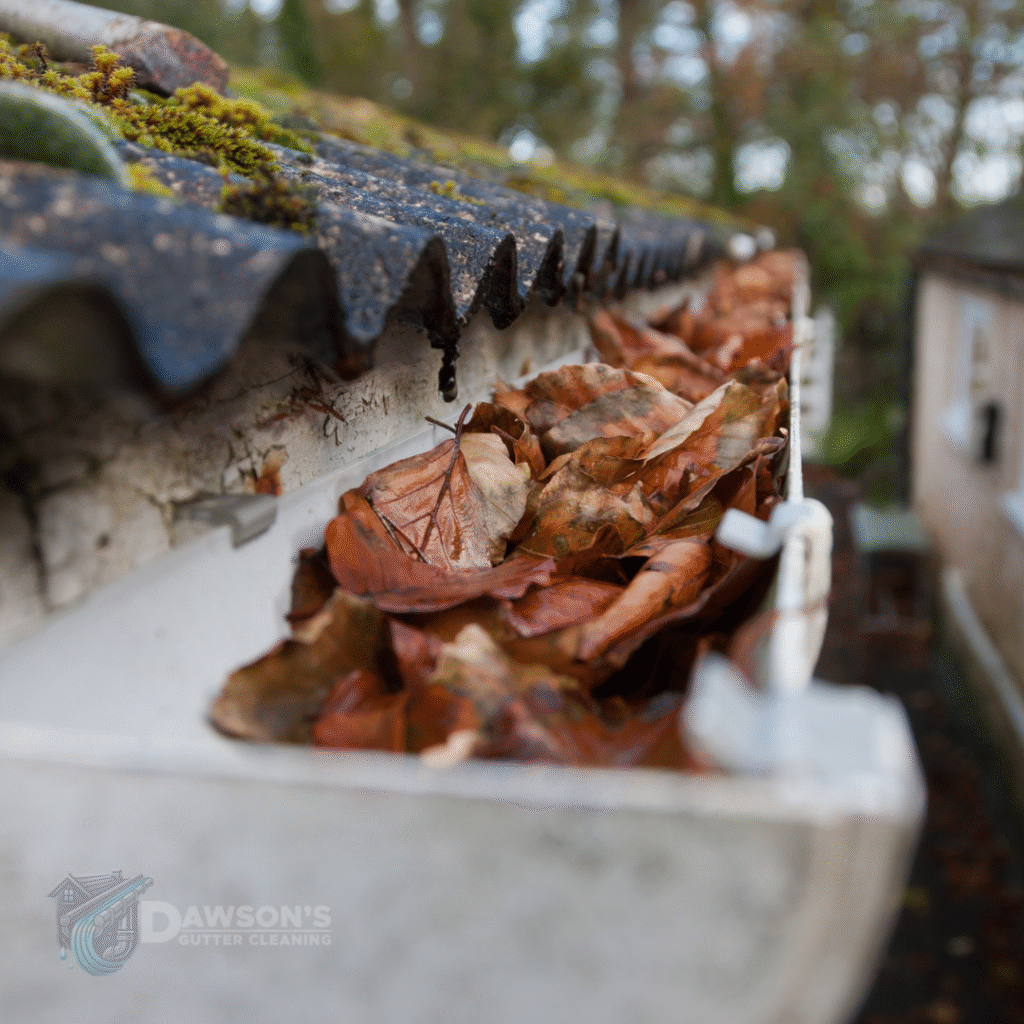 An image of a gutter with a lot of leaves and moss in Charlton Hayes